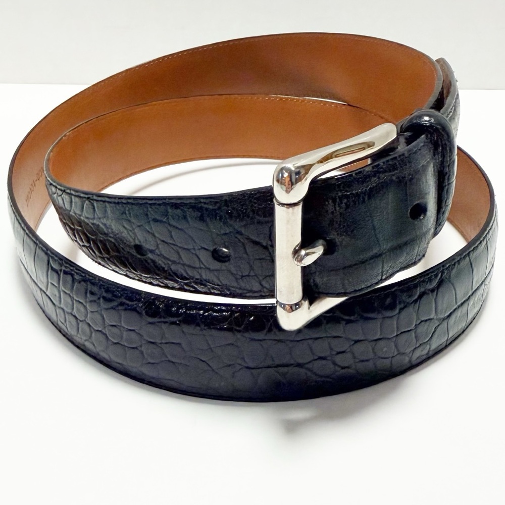 Polo by Ralph Lauren Black Croc-Embossed Leather Belt with Silver Buckle